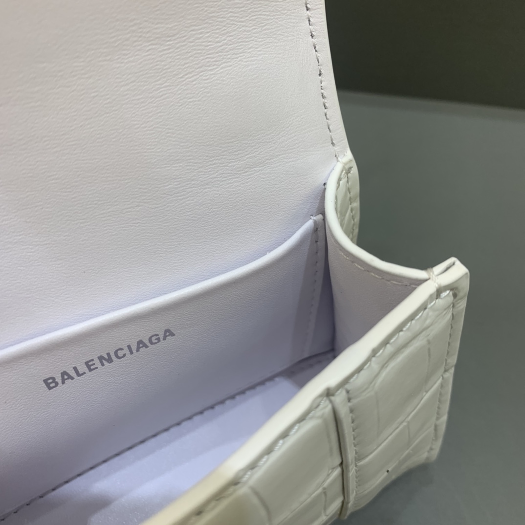 Balenciaga Hourglass Mini Handbag With Chain Crocodile Embossed Shoulder Bag White